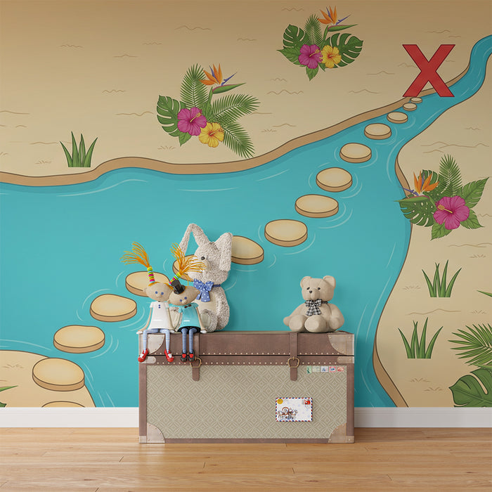 Papier peint chambre enfant | Sentier tropical avec fleurs et rivière turquoise