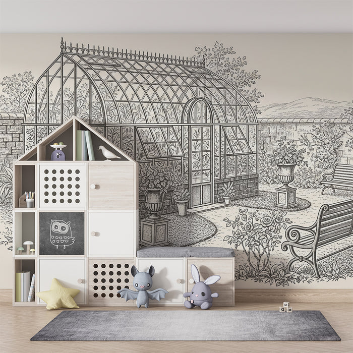 Barnrumstapet | Botaniskt växthus med blommor och bänkar i en lugn trädgård