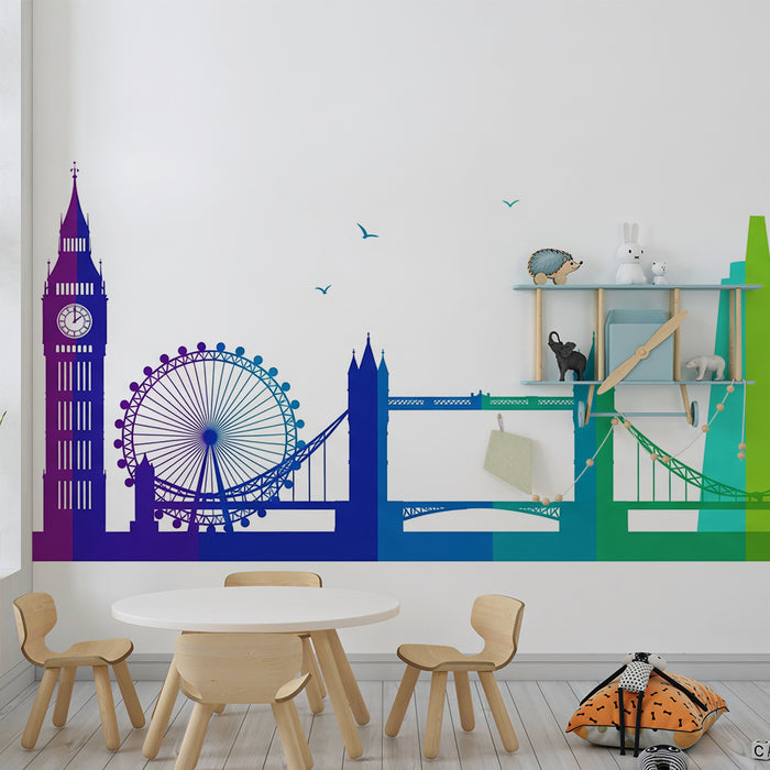 Kinderzimmer Tapete | Bunte Silhouette von London mit markanten Wahrzeichen