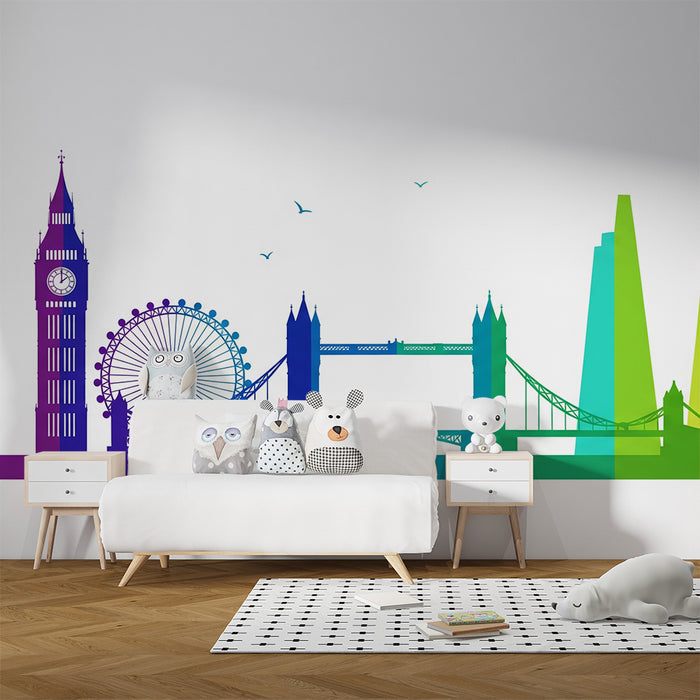 Kinderzimmer Tapete | Bunte Silhouette von London mit markanten Wahrzeichen