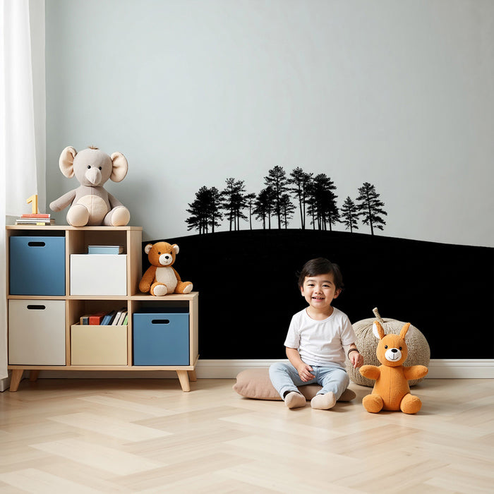 Børneværelse tapet | Træsilhuetter på minimalistisk bakke