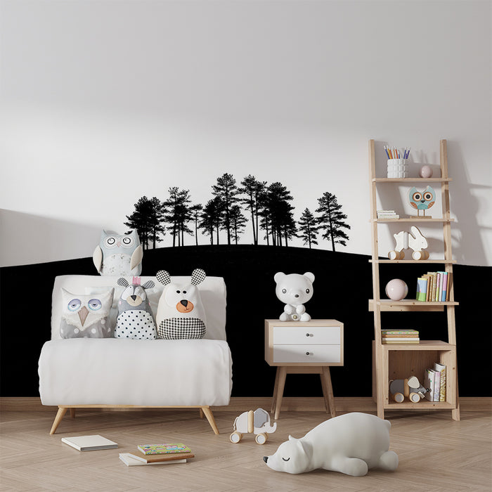 Børneværelse tapet | Træsilhuetter på minimalistisk bakke