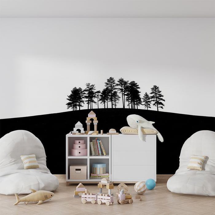 Børneværelse tapet | Træsilhuetter på minimalistisk bakke