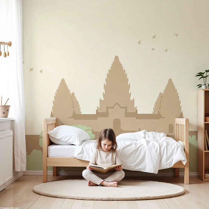 Behang kinderkamer | Silhouet van een oude tempel omringd door tropisch groen