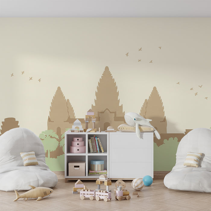 Behang kinderkamer | Silhouet van een oude tempel omringd door tropisch groen