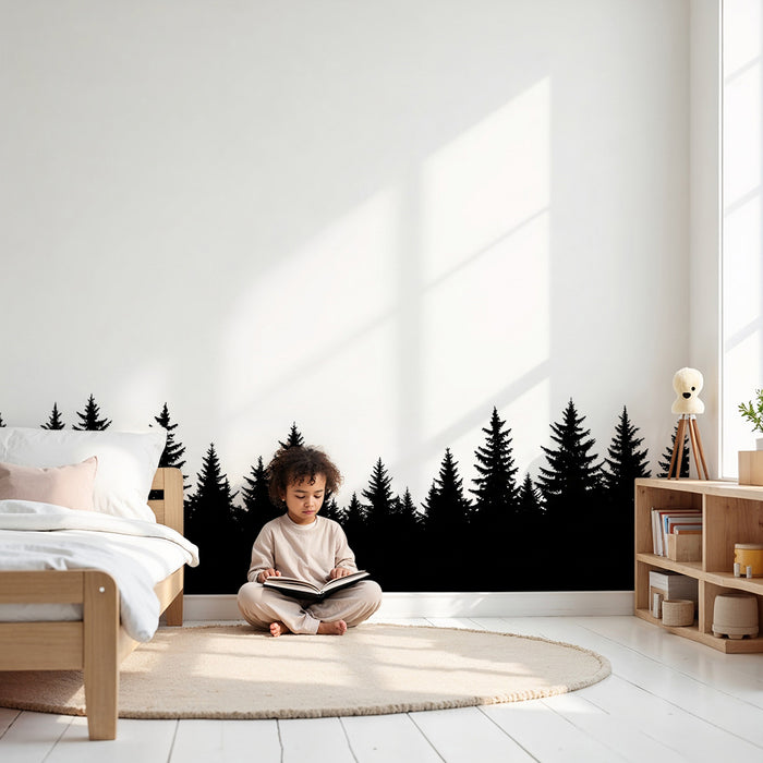 Kinderkamer behang | Silhouet van een naaldbos op een witte achtergrond