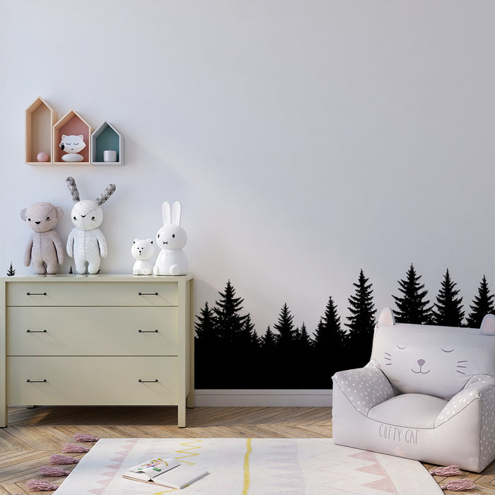 Kinderkamer behang | Silhouet van een naaldbos op een witte achtergrond