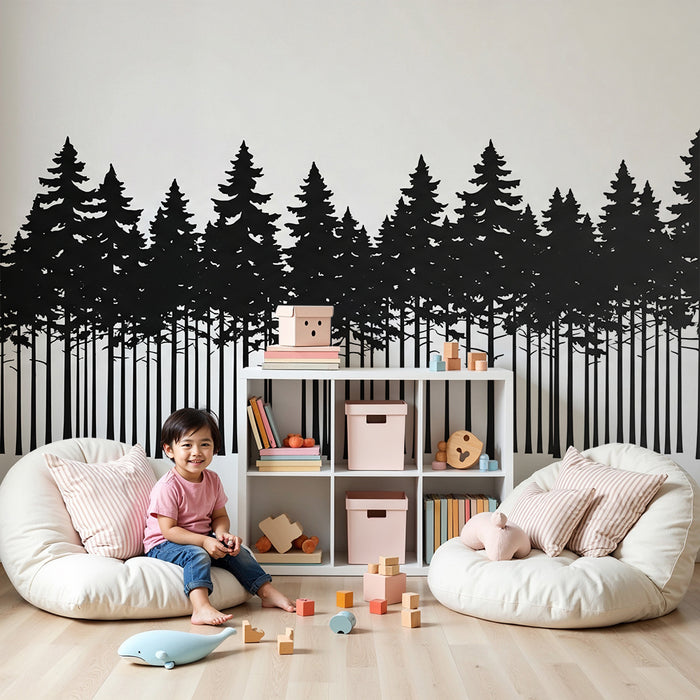 Carta da parati bambini | Silhouette di una foresta nera su sfondo bianco