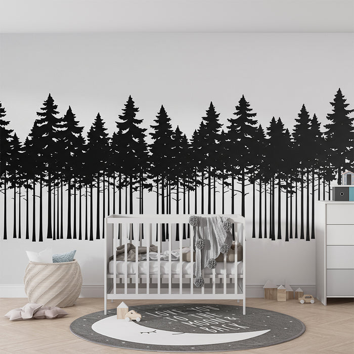 Carta da parati bambini | Silhouette di una foresta nera su sfondo bianco