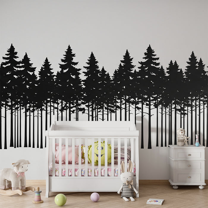 Carta da parati bambini | Silhouette di una foresta nera su sfondo bianco