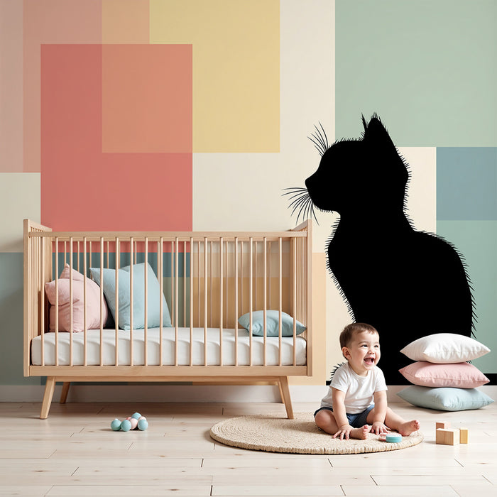 Tapety dla dzieci | Kontur kota na kolorowym tle geometrycznym