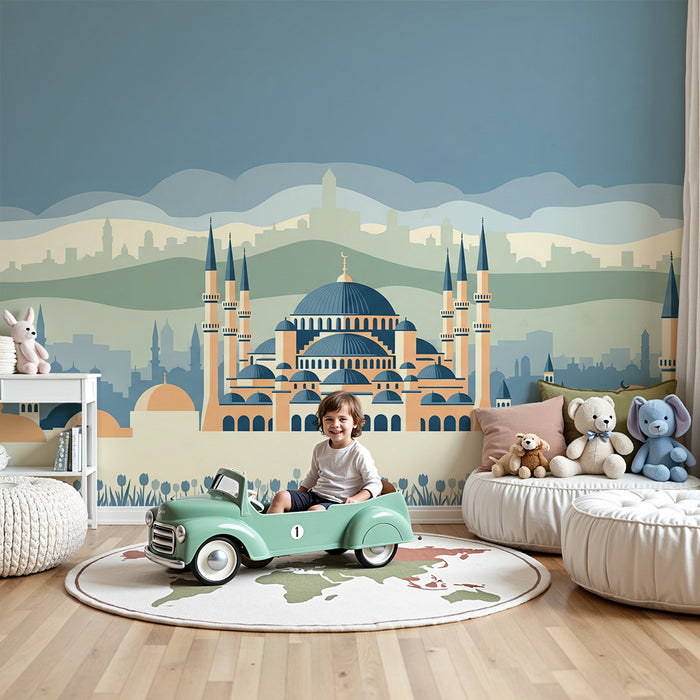 Papier peint chambre enfant | Silhouette de la ville avec mosquées et collines