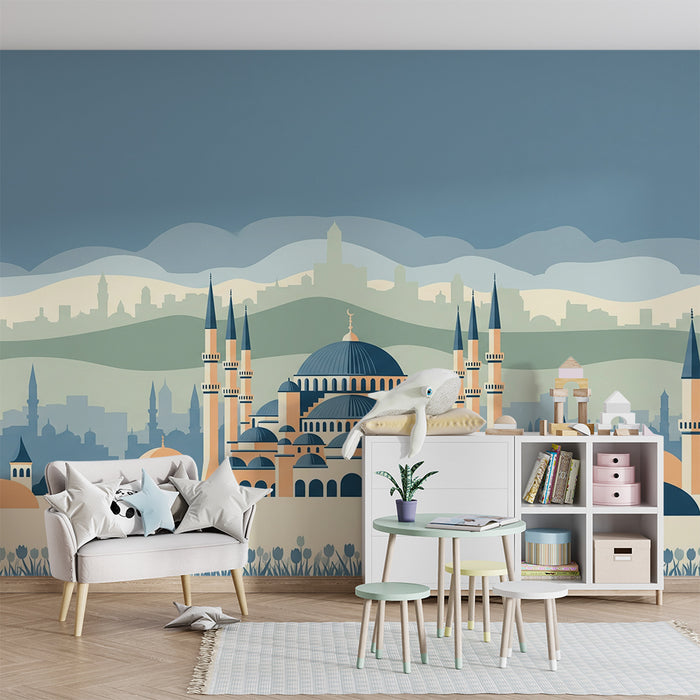 Papier peint chambre enfant | Silhouette de la ville avec mosquées et collines