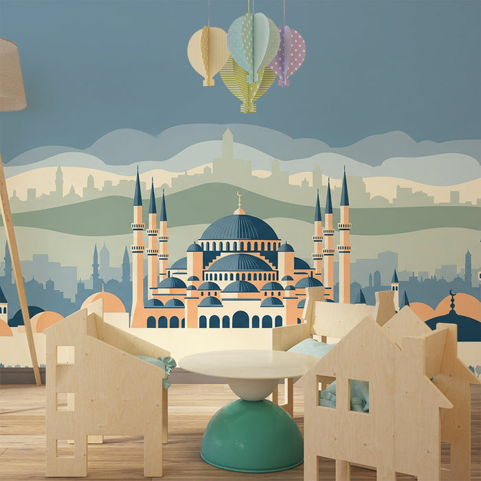 Papier peint chambre enfant | Silhouette de la ville avec mosquées et collines
