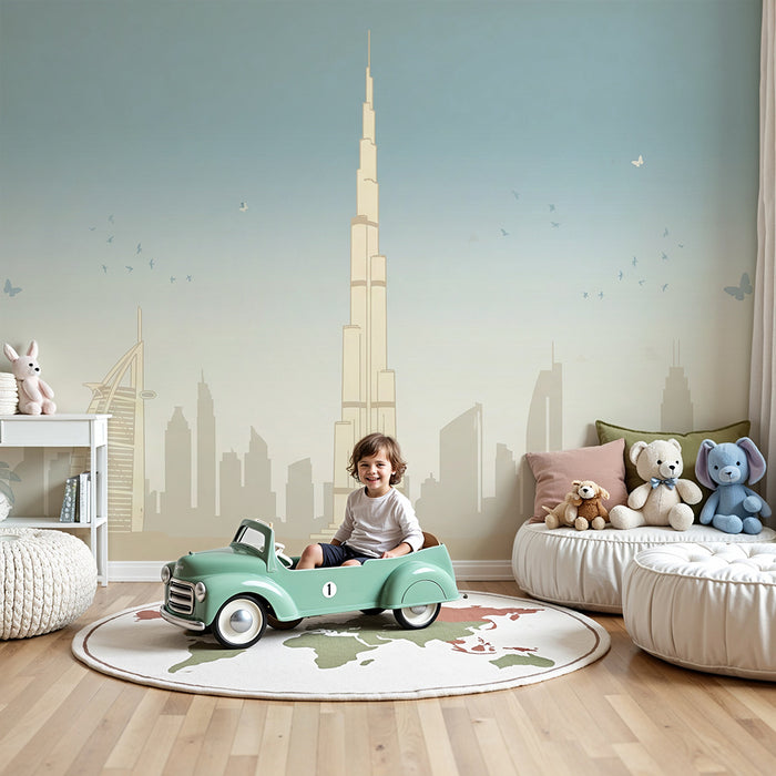 Carta da parati per camera bambini | Sagoma della città moderna con Burj Khalifa e palme