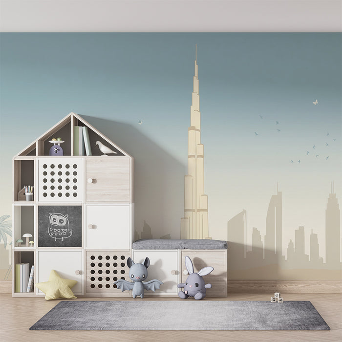 Carta da parati per camera bambini | Sagoma della città moderna con Burj Khalifa e palme