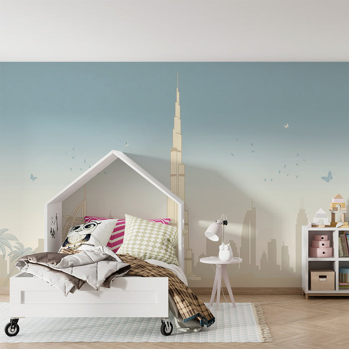 Carta da parati per camera bambini | Sagoma della città moderna con Burj Khalifa e palme