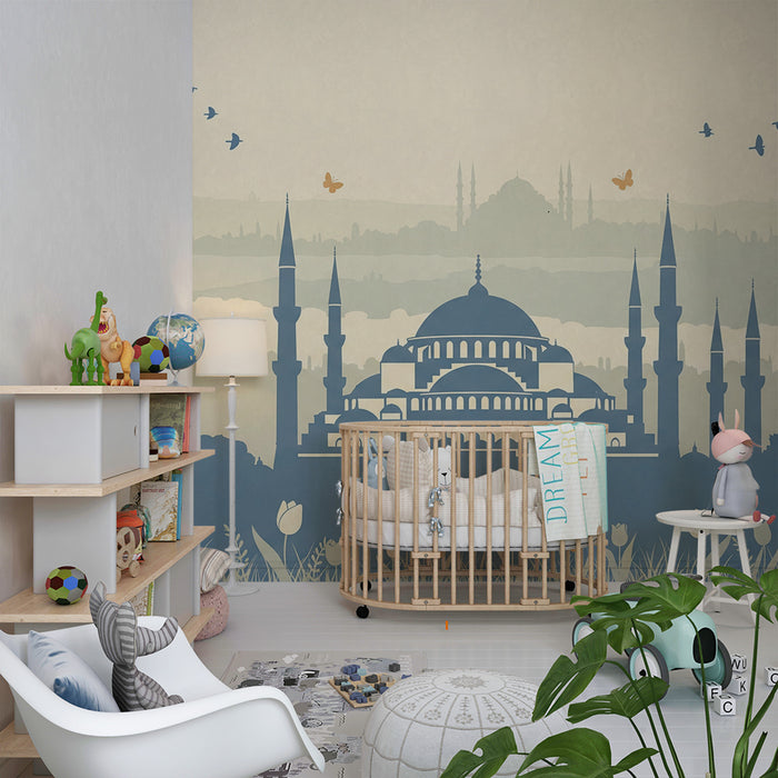 Behang kinderkamer | Silhouet van moskee en kleurrijke bloemen in een rustgevend landschap
