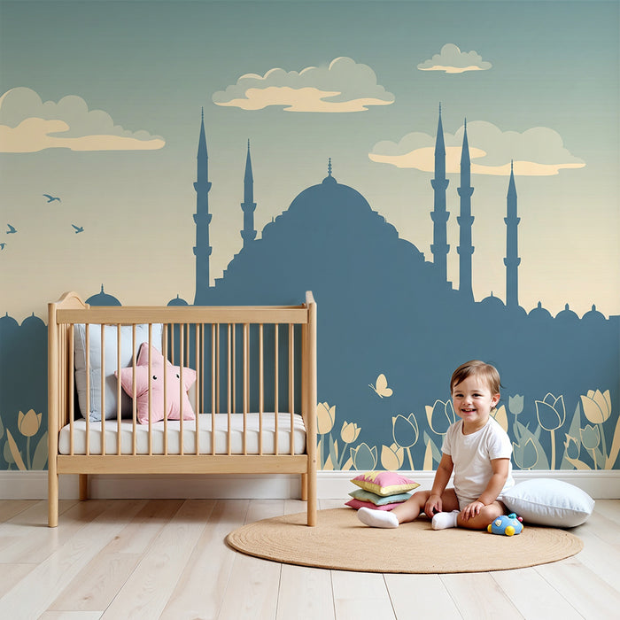 **Kinderzimmer Tapete | Moschee-Silhouette und Tulpen im Pastellhimmel**