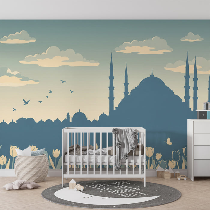 **Kinderzimmer Tapete | Moschee-Silhouette und Tulpen im Pastellhimmel**
