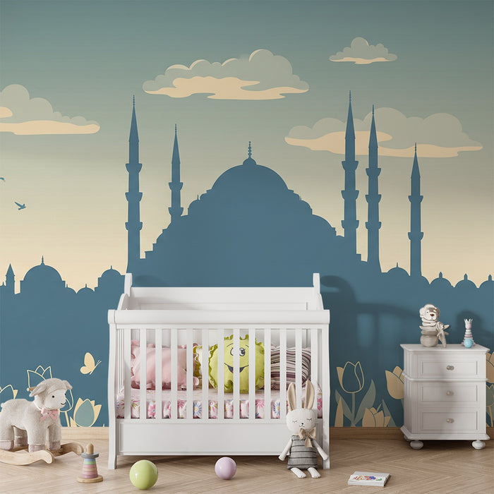 **Kinderzimmer Tapete | Moschee-Silhouette und Tulpen im Pastellhimmel**
