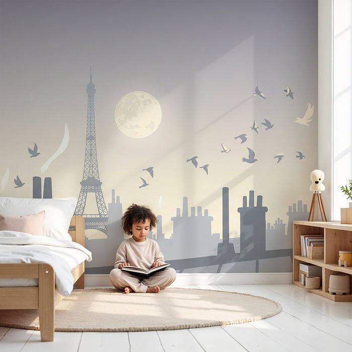 Papier peint chambre enfant | Silhouette de Paris avec la Tour Eiffel et des oiseaux en vol