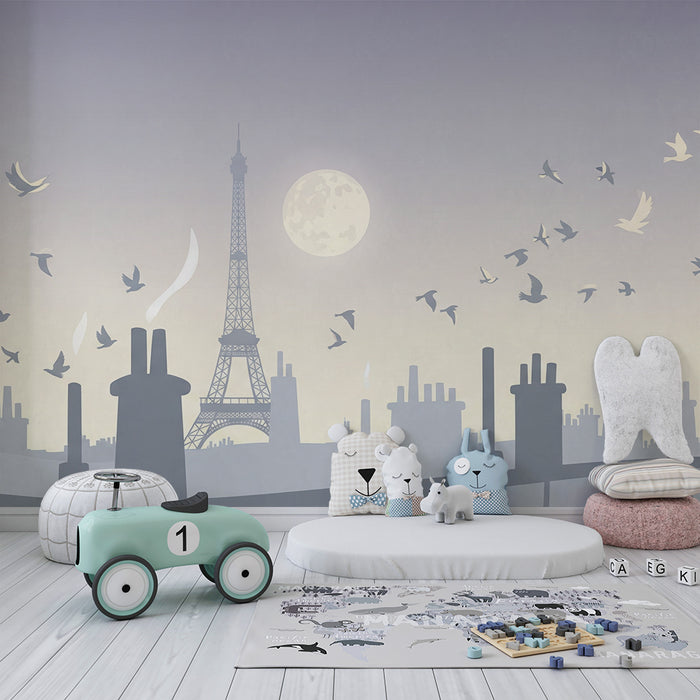 Papier peint chambre enfant | Silhouette de Paris avec la Tour Eiffel et des oiseaux en vol
