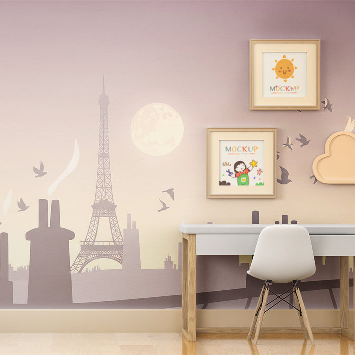 Papier peint chambre enfant | Silhouette de Paris avec la Tour Eiffel et des oiseaux en vol