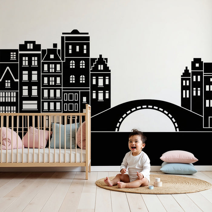 Kids room wallpaper | Silhouette mesta s hišami in mostom