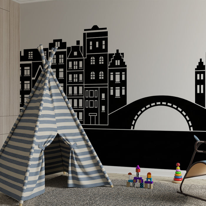 Kids room wallpaper | Silhouette mesta s hišami in mostom