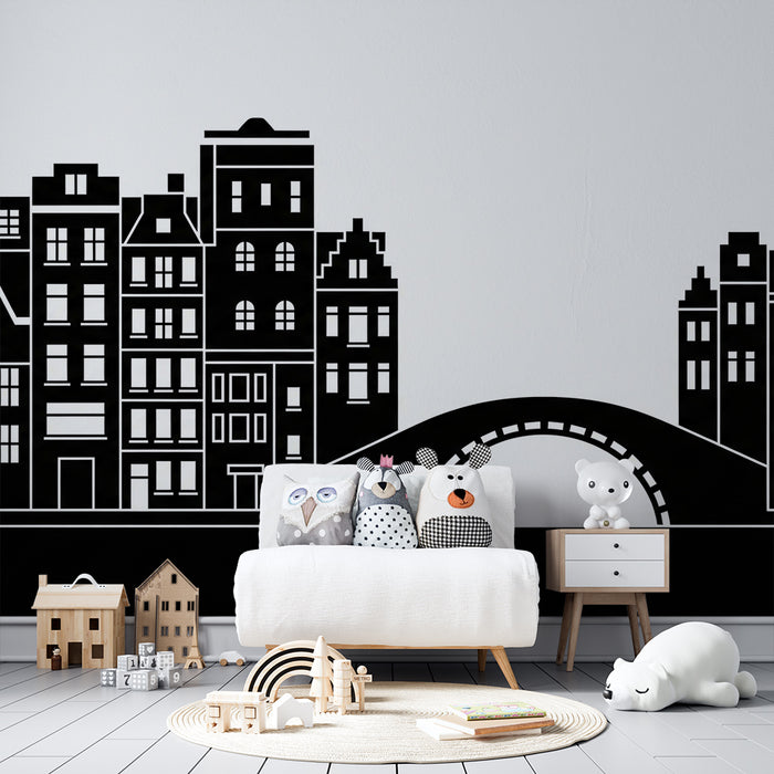 Kids room wallpaper | Silhouette mesta s hišami in mostom