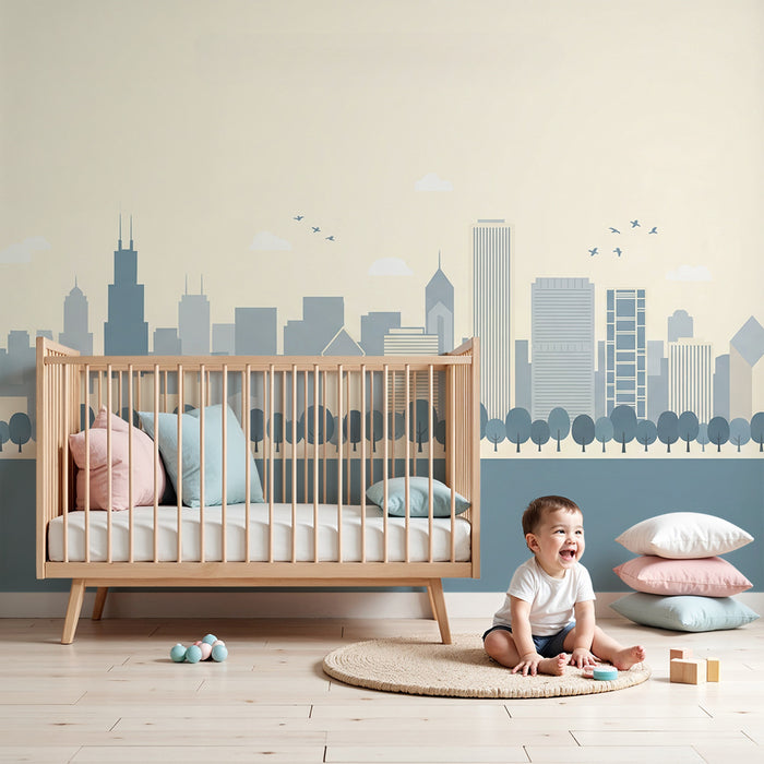 Papier peint chambre enfant | Silhouette de ville moderne avec arbres stylisés