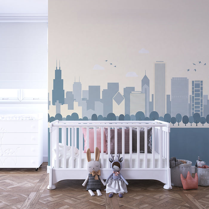 Papier peint chambre enfant | Silhouette de ville moderne avec arbres stylisés
