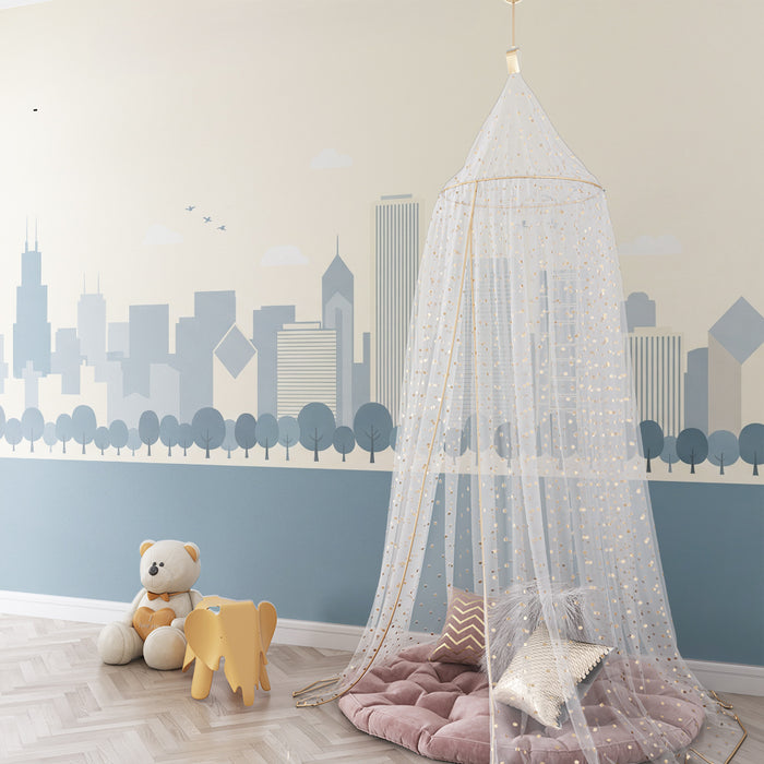 Papier peint chambre enfant | Silhouette de ville moderne avec arbres stylisés