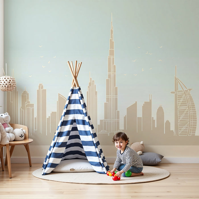 Carta da parati per camera bambini | Sagoma urbana moderna con palme e cielo rilassante