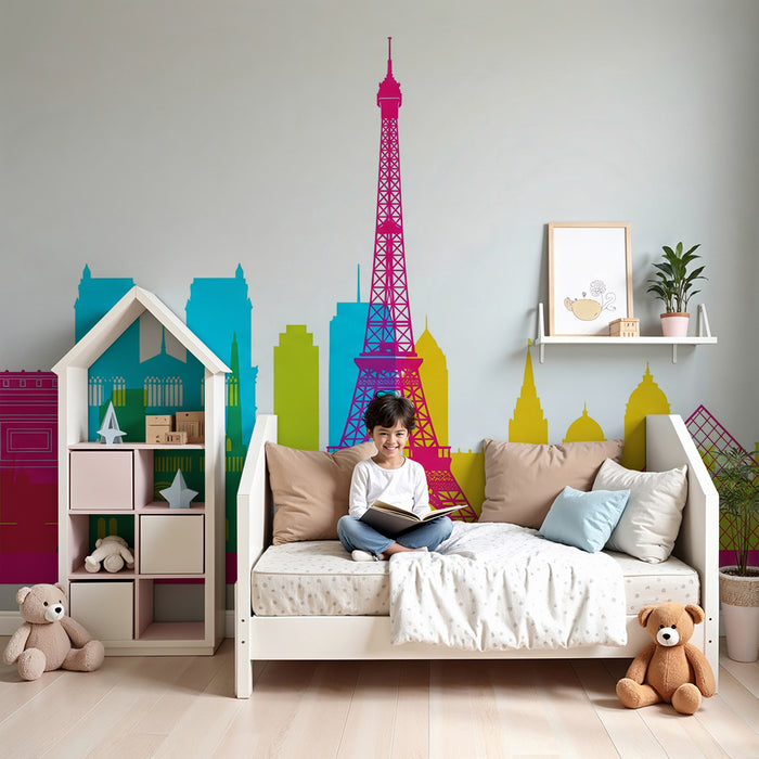 Kids room wallpaper | Värvilised siluetid Pariisi ikoonilistest mälestusmärkidest