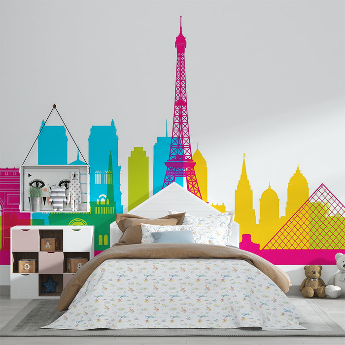 Kids room wallpaper | Värvilised siluetid Pariisi ikoonilistest mälestusmärkidest
