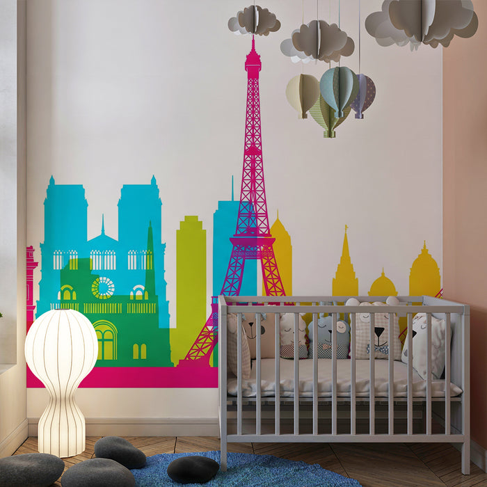 Kids room wallpaper | Värvilised siluetid Pariisi ikoonilistest mälestusmärkidest