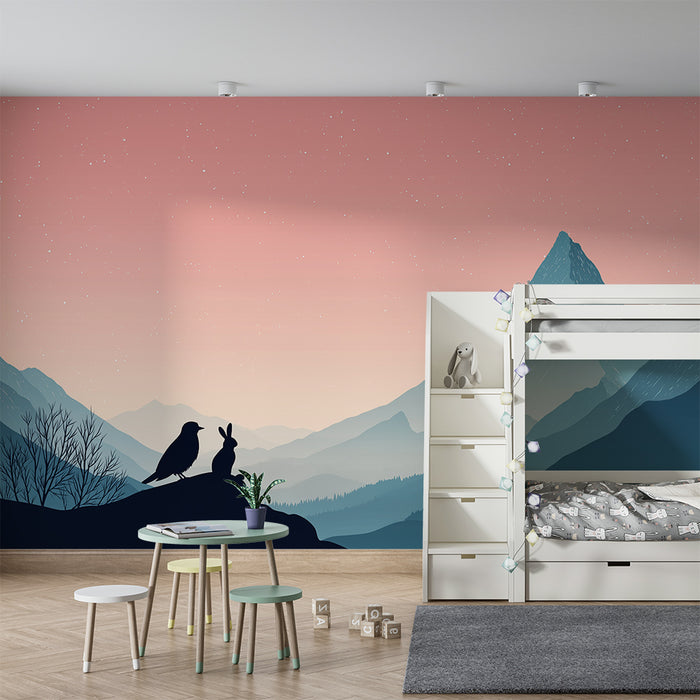 Gyermekszoba tapéta | Állatok siluettjei egy nyugtató hegyvidéki tájképben