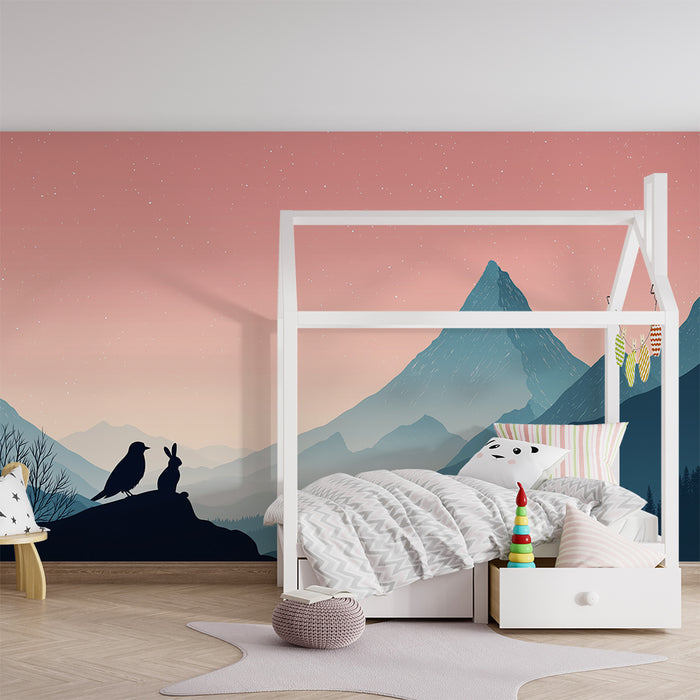 Gyermekszoba tapéta | Állatok siluettjei egy nyugtató hegyvidéki tájképben