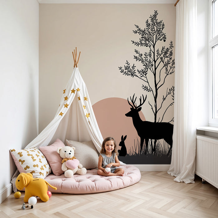 Kinderzimmer Tapete | Tierumrisse in einer ruhigen Landschaft