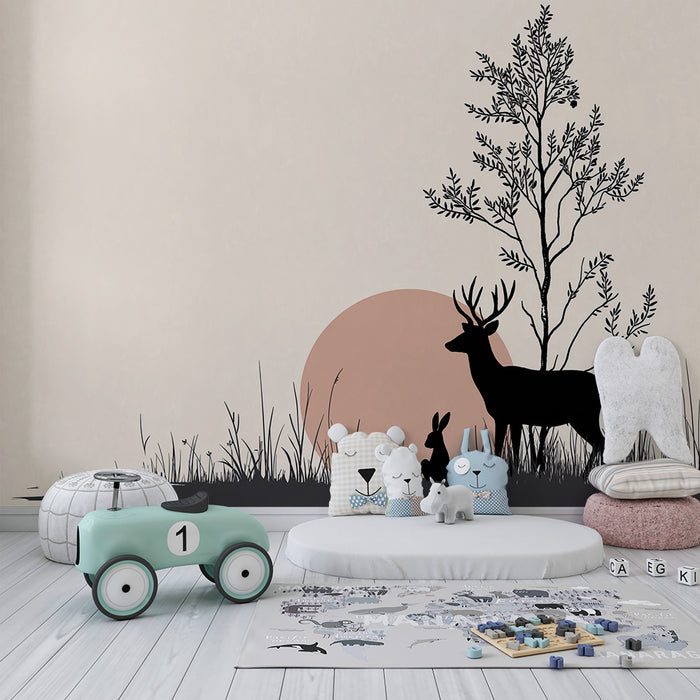 Kinderzimmer Tapete | Tierumrisse in einer ruhigen Landschaft