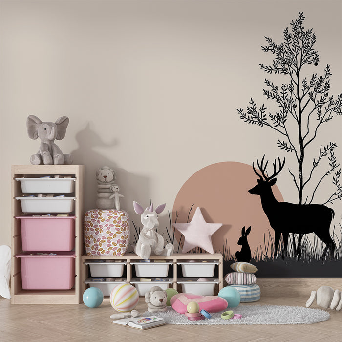 Kinderzimmer Tapete | Tierumrisse in einer ruhigen Landschaft