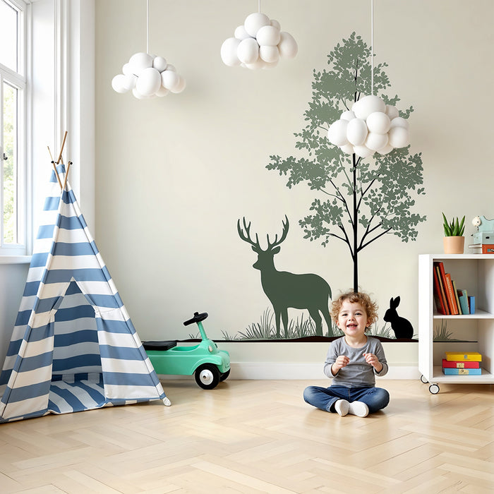 Carta da parati bambini | Silhouettes di animali del bosco con un cervo e un coniglio