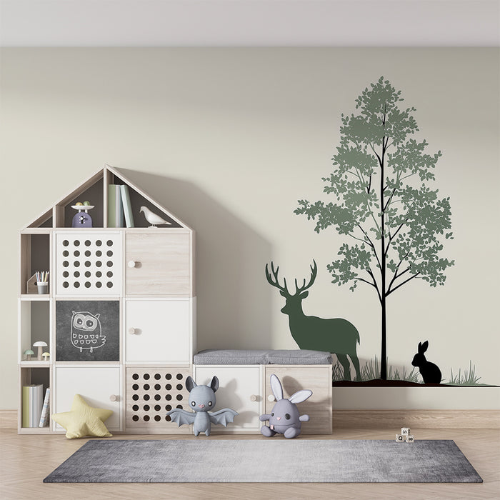 Carta da parati bambini | Silhouettes di animali del bosco con un cervo e un coniglio