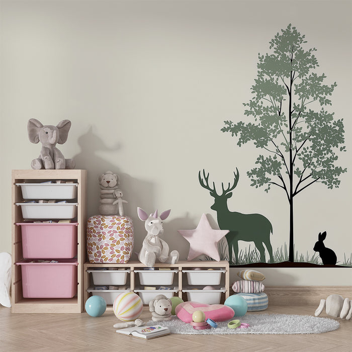 Carta da parati bambini | Silhouettes di animali del bosco con un cervo e un coniglio