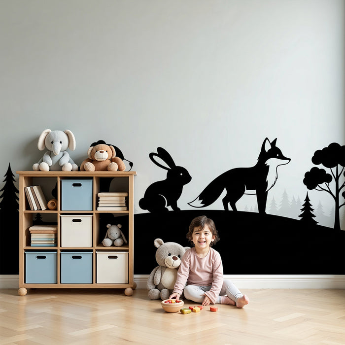 Papier peint chambre enfant | Silhouettes d'animaux de la forêt en noir et blanc