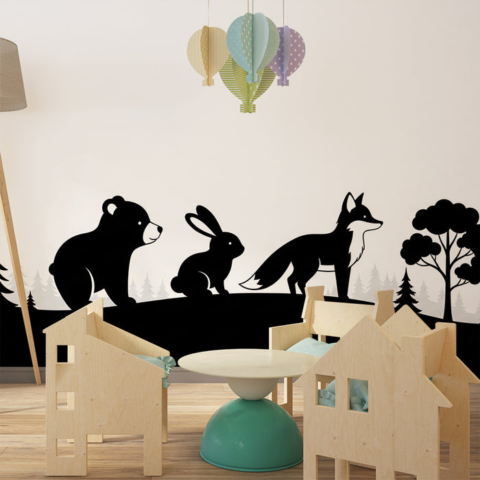 Papier peint chambre enfant | Silhouettes d'animaux de la forêt en noir et blanc