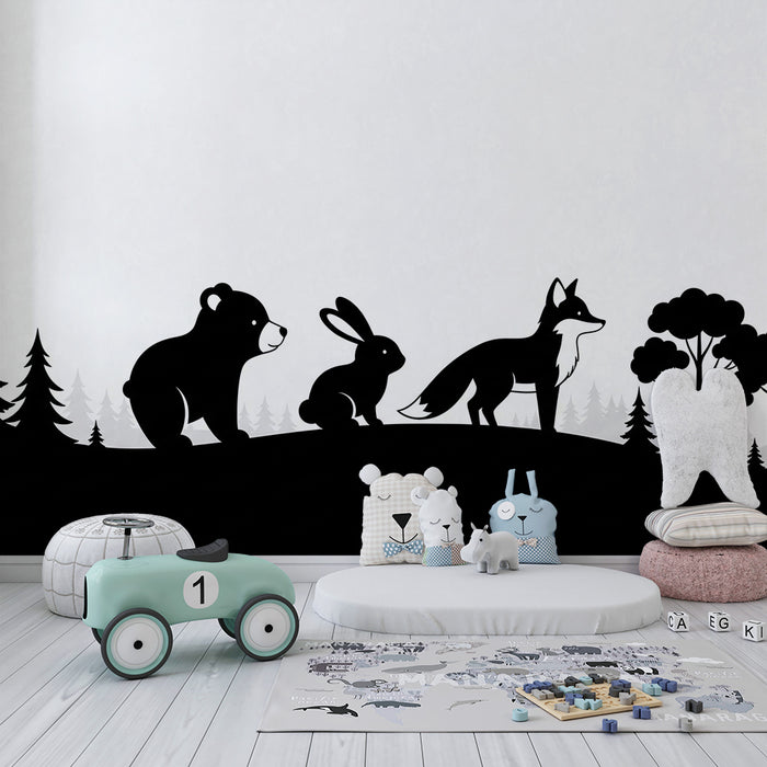 Papier peint chambre enfant | Silhouettes d'animaux de la forêt en noir et blanc