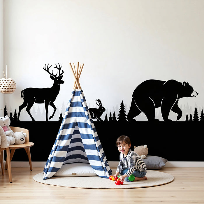 Papier peint chambre enfant | Silhouettes d'animaux sauvages dans une forêt